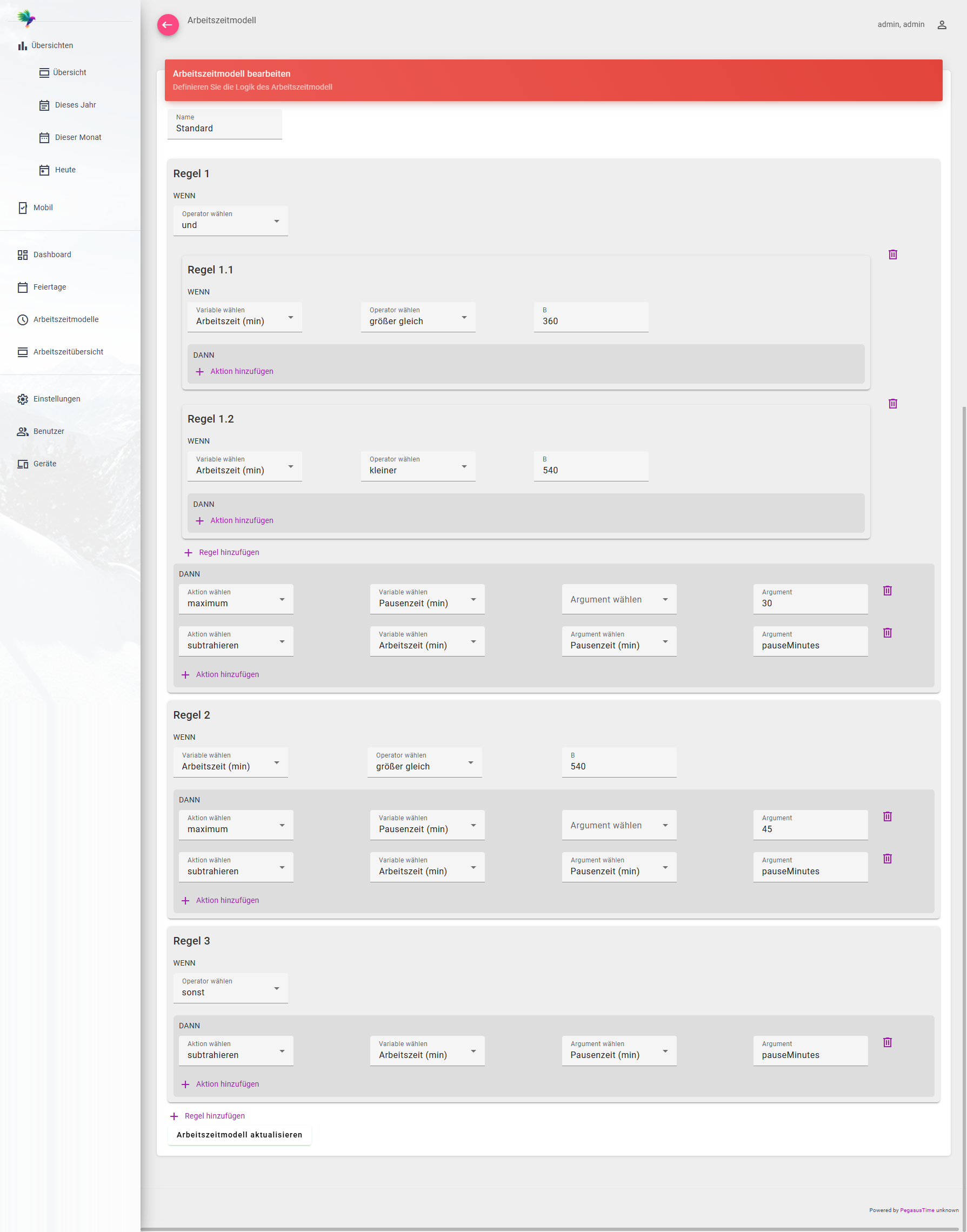 Screenshot: Beispielhaftes Arbeitszeitmodell mit verschachtelter Regelstruktur