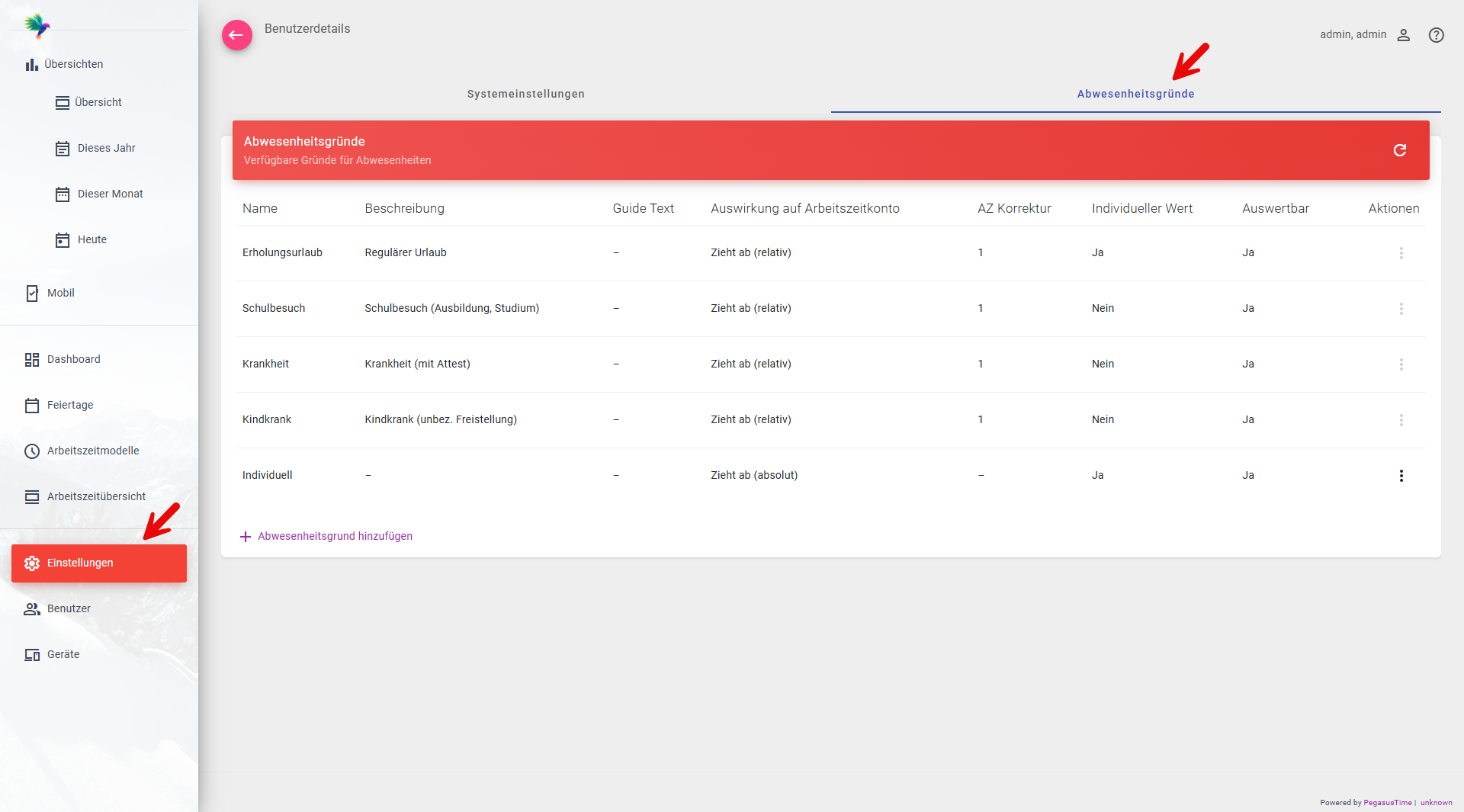 Übersicht der Abwesenheitsgründe im Einstellungsbereich