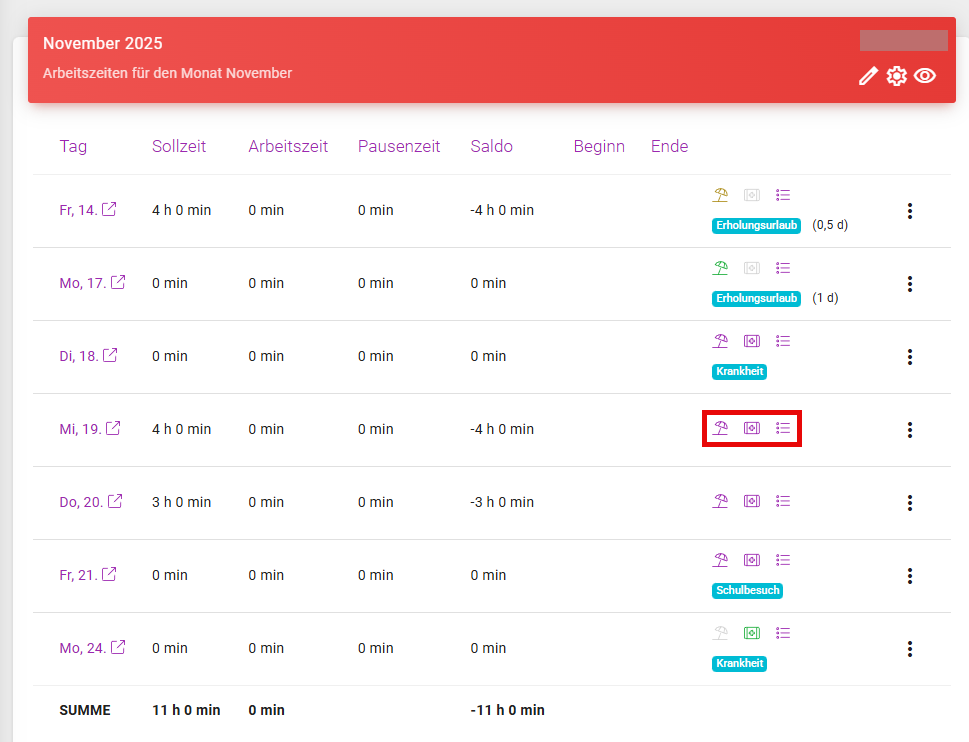 Abwesenheiten in der Monatsübersicht